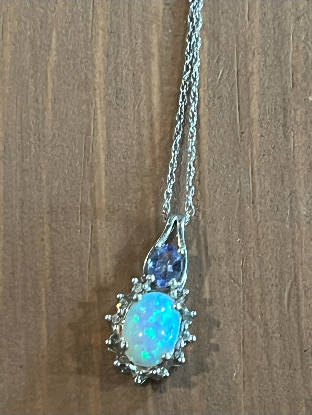 Gorgeous 10k white gold opal and genuine tanzanite necklace